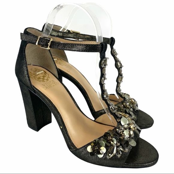 Vince Camuto Serafine Jeweled Suede T-Strap Heels - Picture 2 of 16